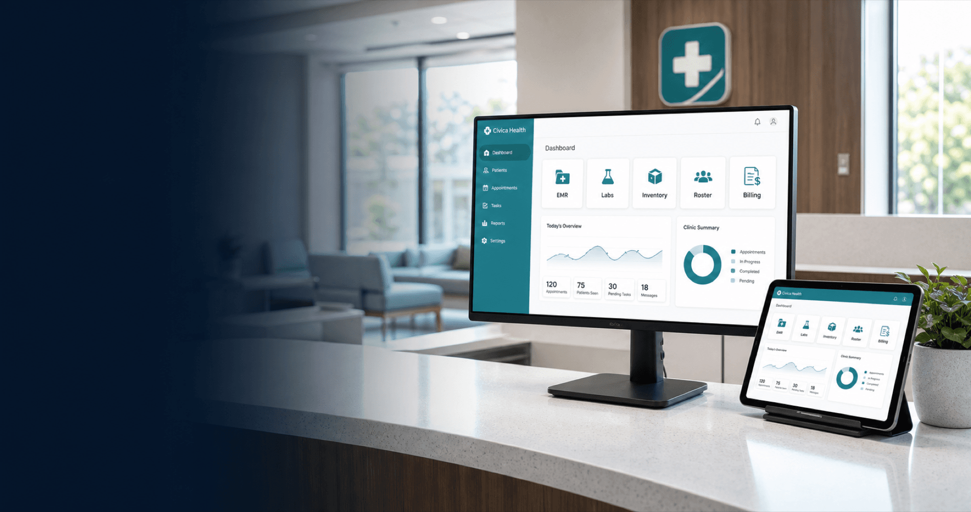 Synthetic CIVIC dashboard shown on devices at a clinic front desk