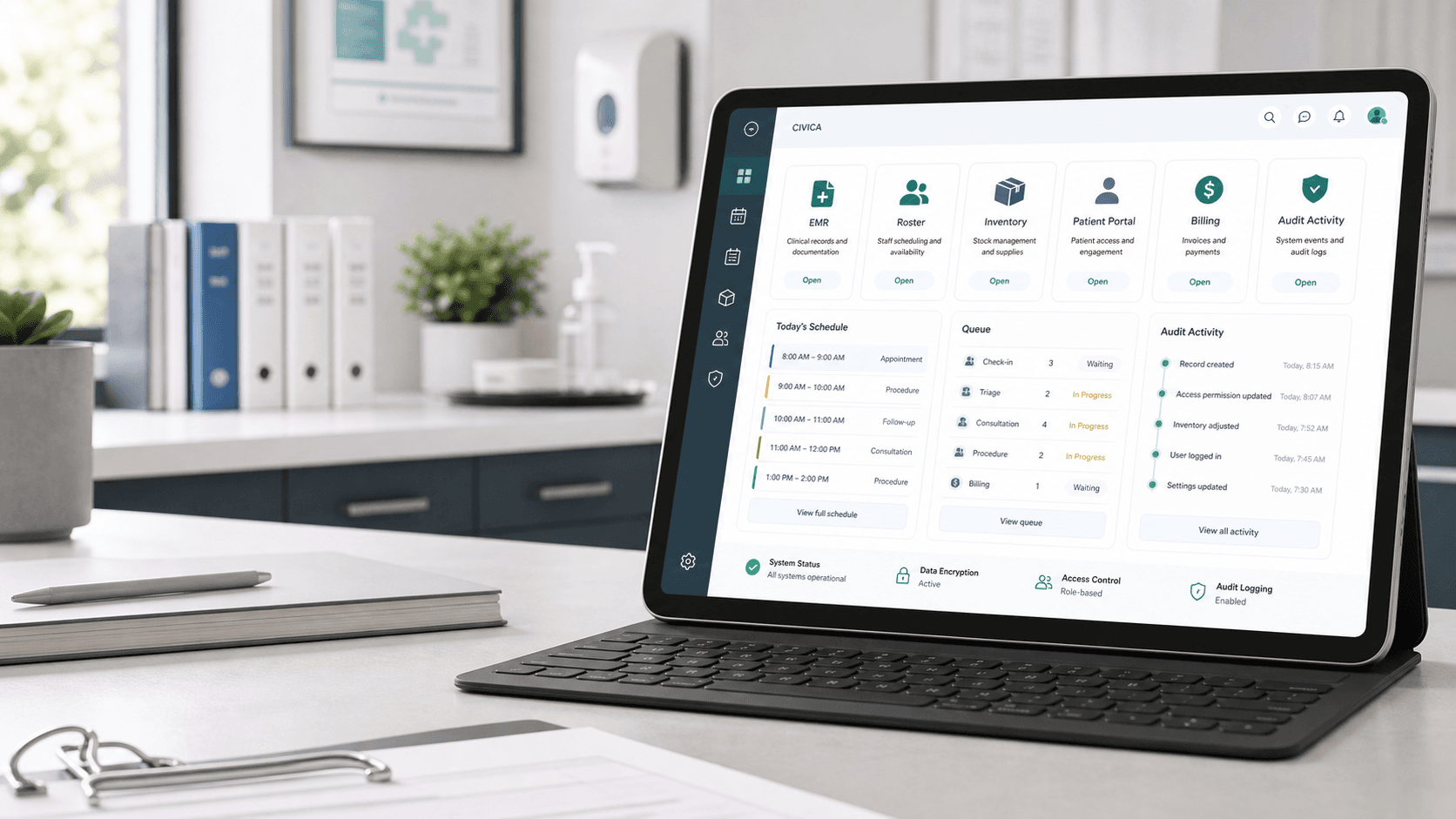 Synthetic clinic operations dashboard displayed on a workstation