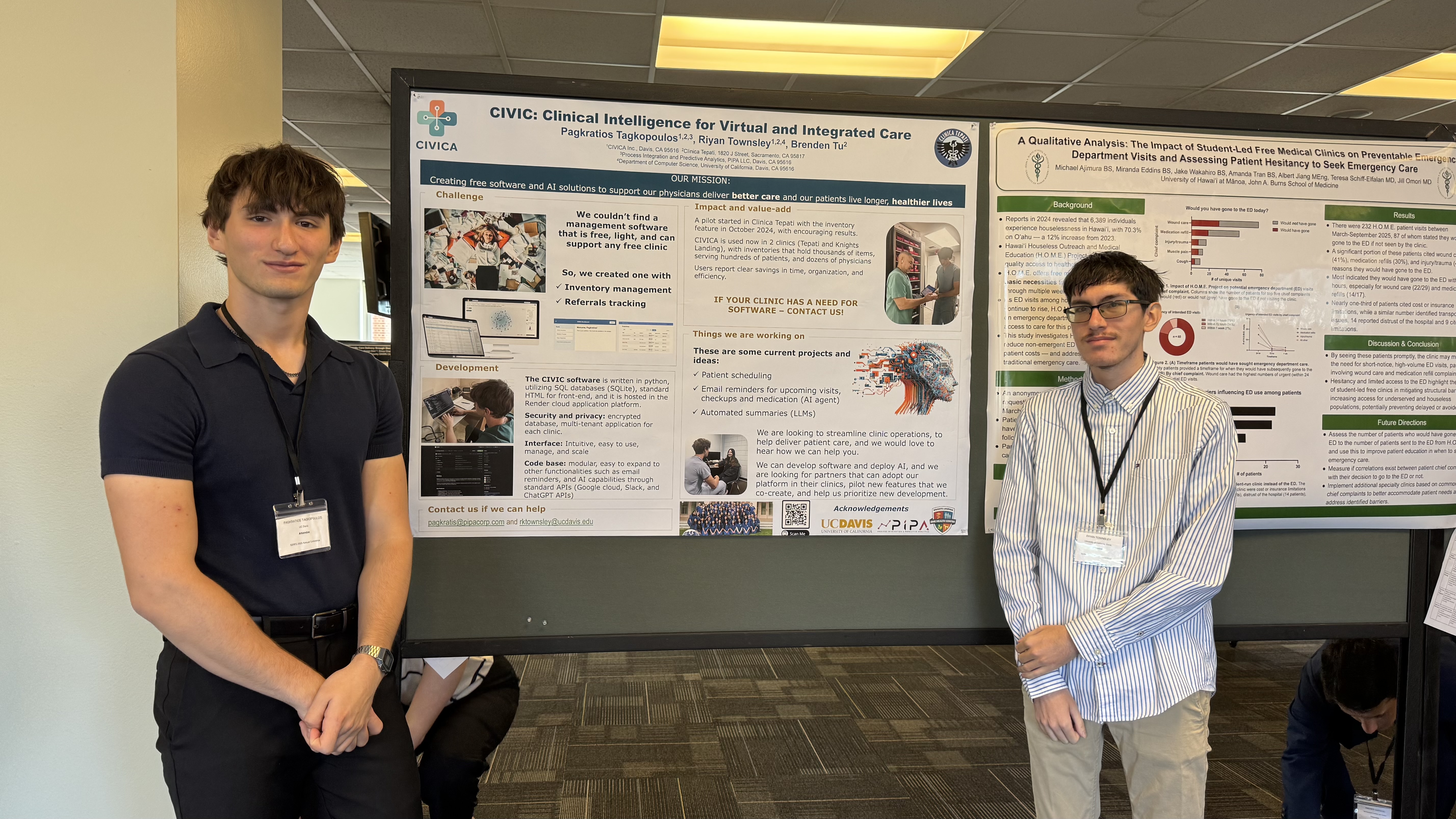 Pagkratios Tagkopoulos and Riyan Townsley standing on either side of the CIVIC research poster at SSRFC 2025