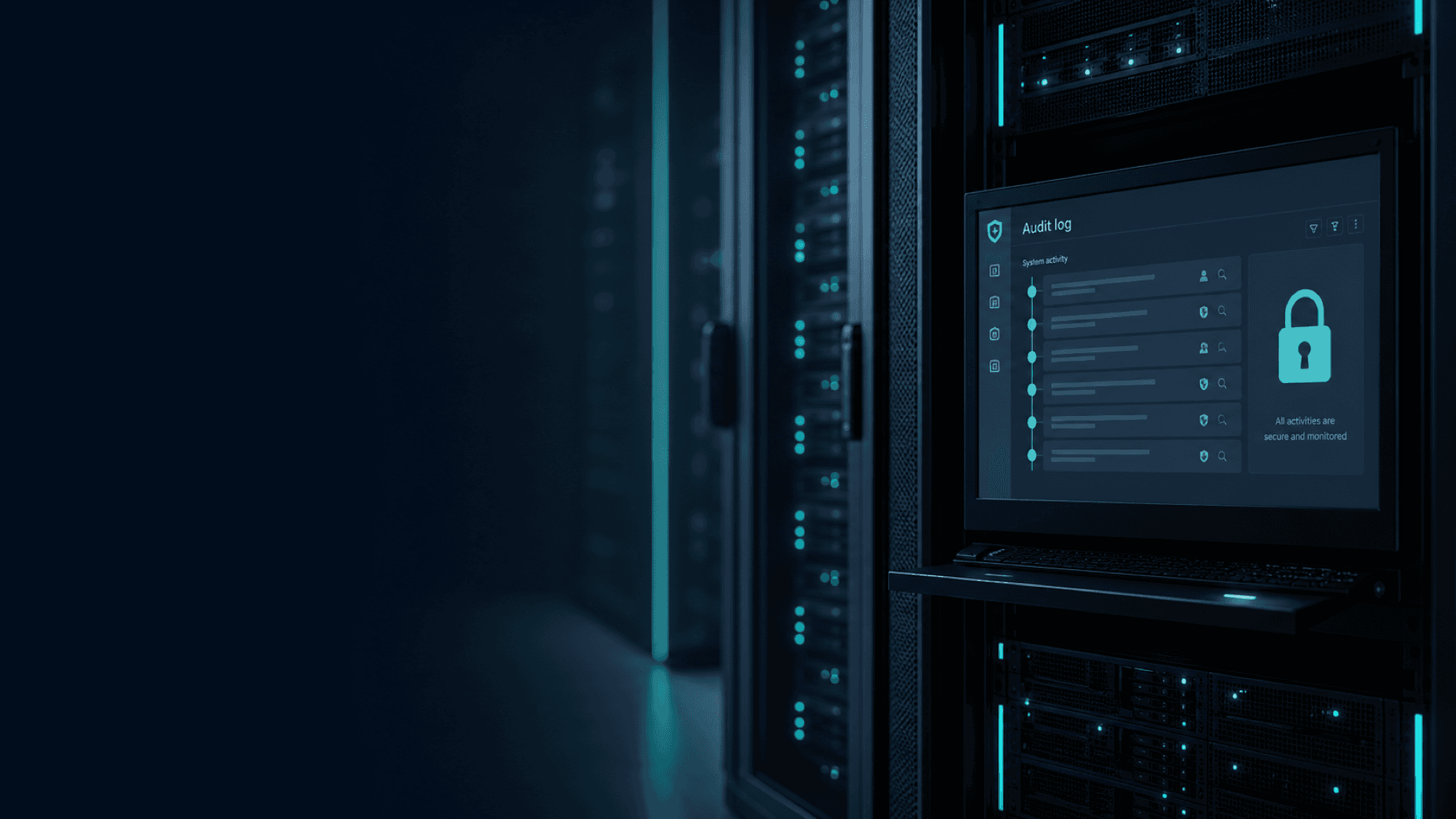 Server room with teal accent lighting and a synthetic audit log display